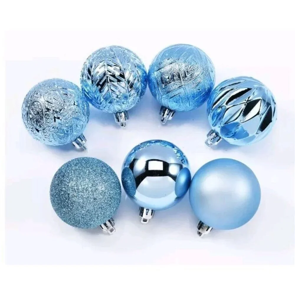 Holiday Time 26 Shatterproof Ornaments Round Sky Blue with 7 Different Designs